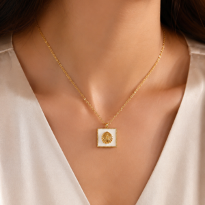 Elegant White Enamel Shell Pendant Gold Necklace for Women