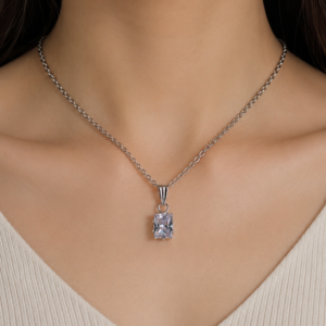 Elegant Square Cut Cubic Zirconia Crystal Silver-Plated Pendant Necklace for Women & Girls